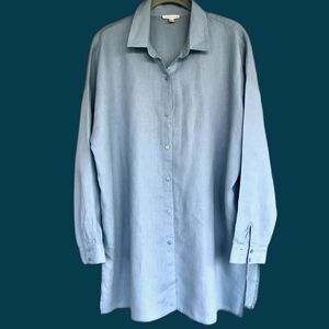 Eileen Fisher Tunic Top Womens M Blue Organic Linen Button Coastal Lagenlook